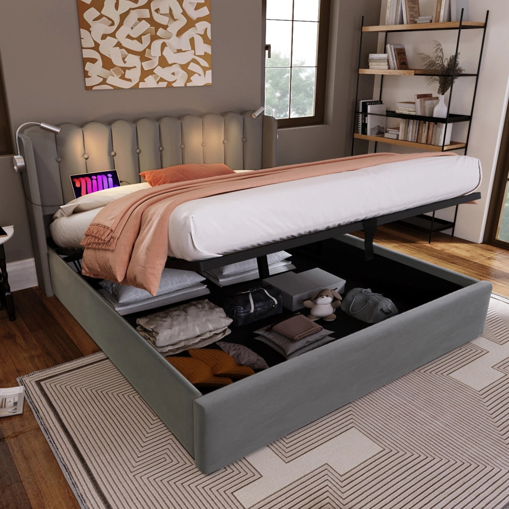 Letto matrimoniale – 160x200 cm – luce USB contenitore – velluto grigio
