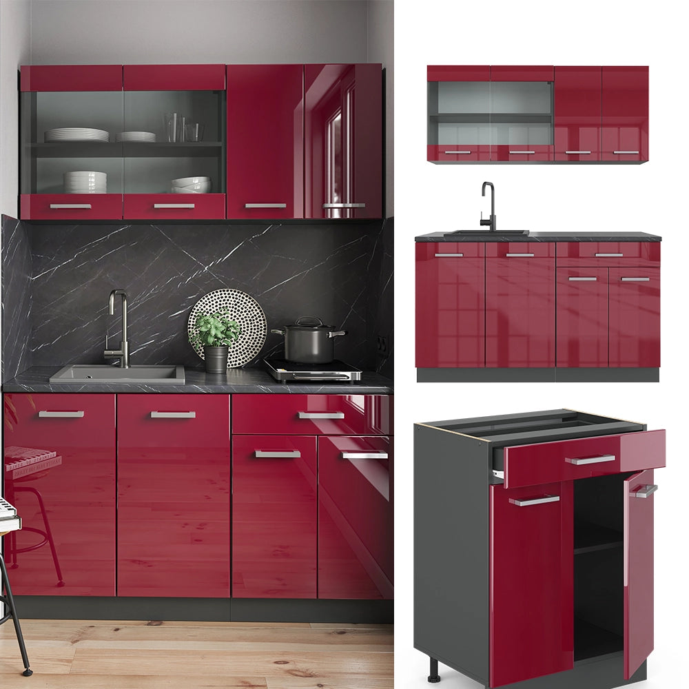 Cucina monoblocco R-Line Rosso lucido/Antracite 140 cm, PL Marmo Vicco