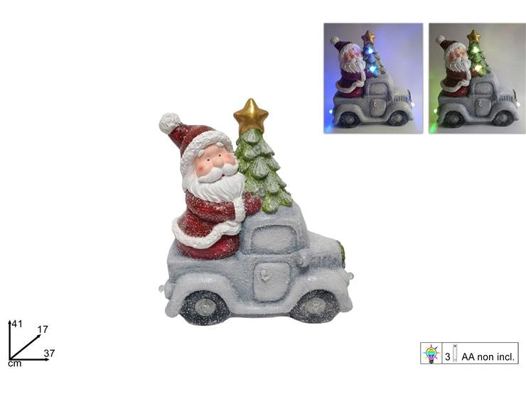 Decorazione Natalizio Babbo Natale su Auto con Albero e Luci 41 cm