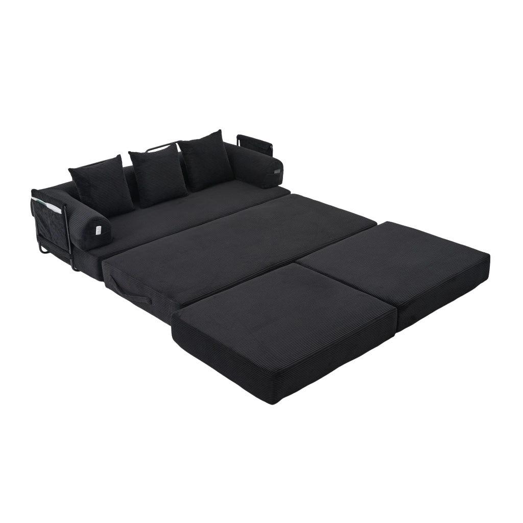 Divano Modulare con Pouf ¨C MINIMAL ¨C Tessuto a Coste, Cuscini, Nero