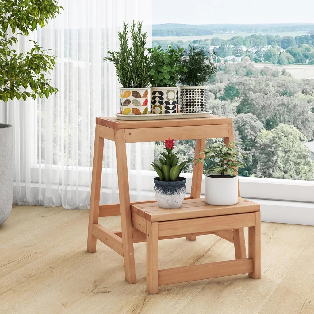 Sgabello Scala in Legno di Abete a 2 Gradini a Ribalta, Scaletta Pieghevole Salvaspazio per Bagno e Libreria, Scaletta Portavasi Multiuso Mensola Fioriere per Balconi e Casa, 50 x 39 x 45 cm