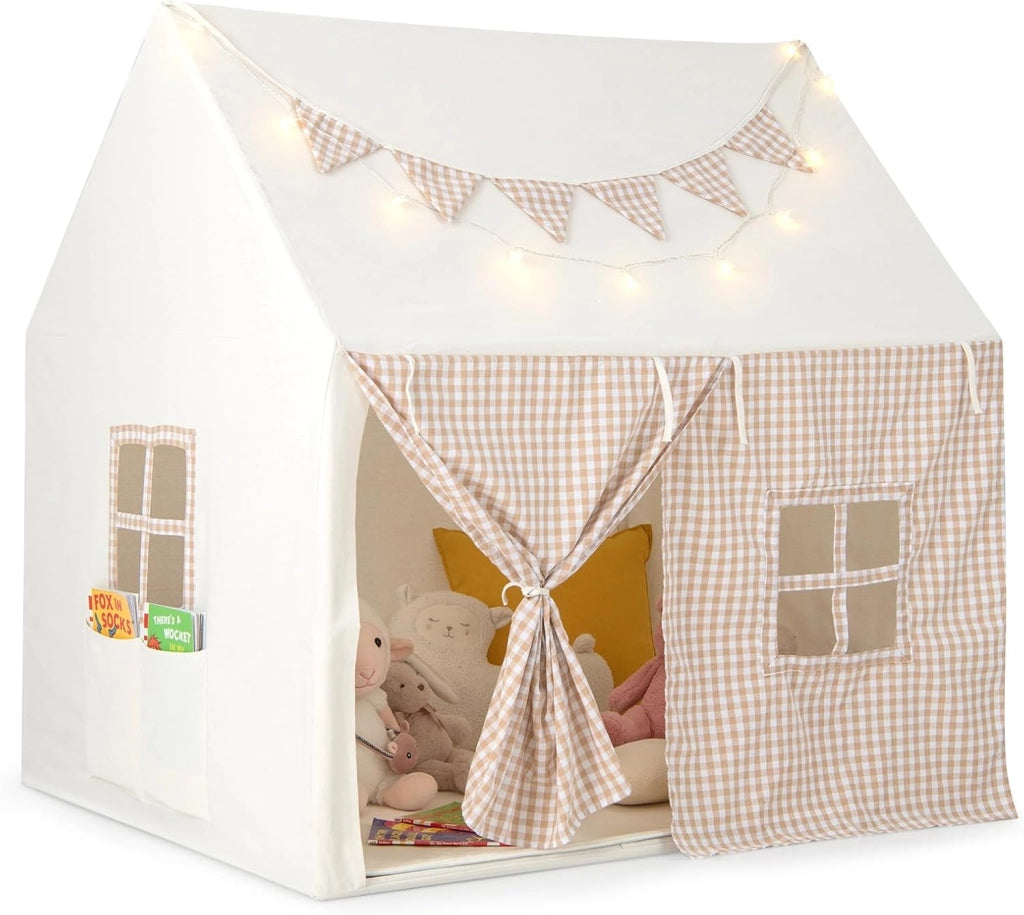 Tenda da Gioco per Bambini, Casetta Tenda da Gioco con Tappetino Imbottito, 2 Finestre Traspiranti e 2 Tasche, Luci a Stella e Bandierine Incluse, Tenda per Bambini 3-8 Anni (Beige)