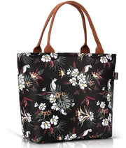 Borsa per picnic per donne, borsa isolata per picnic, grande contenitore refrigerato, portacibo trasportabile, servizio da tavola, grande, fiori bianchi
