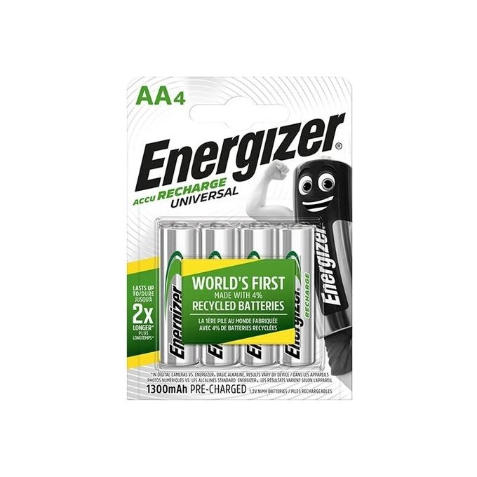 Energizer E301376001 Recharge Universal Batteria Ricaricabile Stilo AA NiMH 1300 mAh 1.2V confezione 4 pz colore Verde Argento