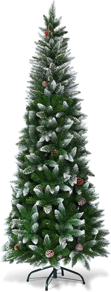 Albero di Natale Innevato 220 cm, Albero di Natale Slim con Pigne, Base di Metallo e Rami Rigogliosi in PVC, Albero di Natale per Casa, Ufficio e Negozio (220 cm)