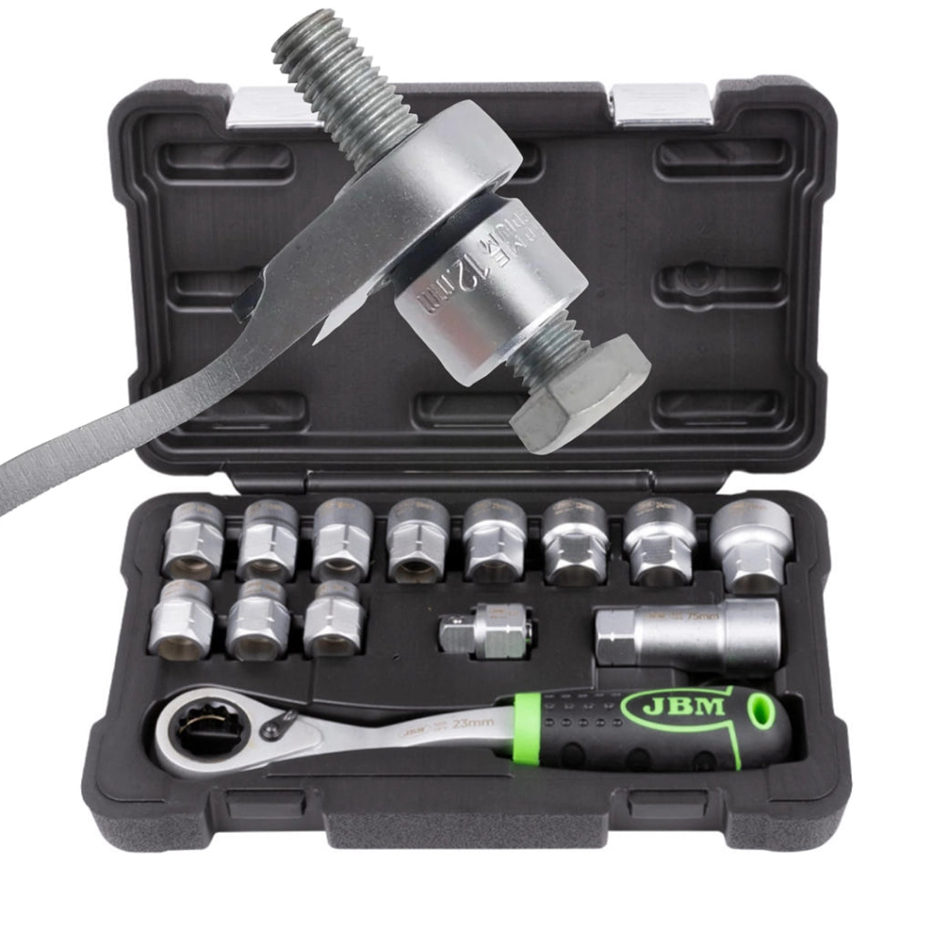 Cassetta di Utensili JBM Go Trough con Cricchetto Salva Spazio Reversibile – Set da 14 pezzi per perni lunghi e bussole esagonali