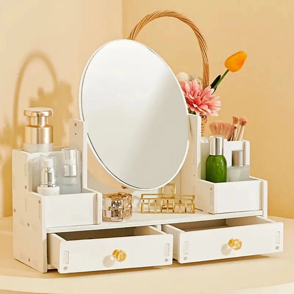 Trade Shop - Specchio Trucco Con Cassetti In Legno Organizer Gioielli Pennelli Montaggio Su Comò -