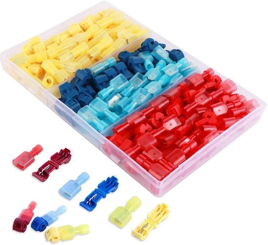 Connettori elettrici T-tap | Assortimento di connettori senza saldatura Quick Splice | 25 paia gialle, 30 paia blu, 30 paia rosse