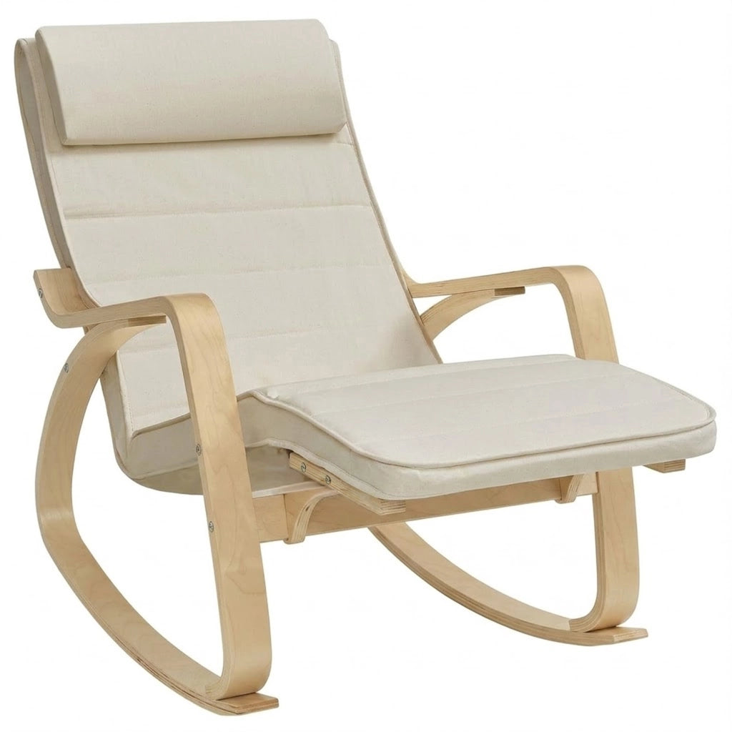 Poltrona A Dondolo Reclinabile In Legno E Acciaio Con Poggiapiedi Regolabile 5 Posizioni Seduta Imbottita 121.5 x 55 x 84 Cm Beige