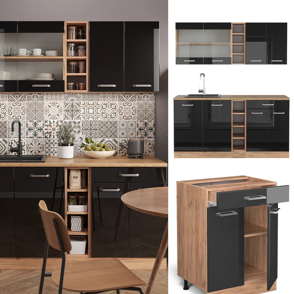 Cucina monoblocco R-Line Nero lucido/Rovere dorato 160 cm Senza piano di lavoro Vicco