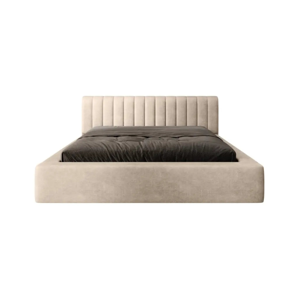 Letto contenitore CERVIN – Velluto morbido Nude Sablé – 140x200 cm – Rete sollevabile – Design elegante