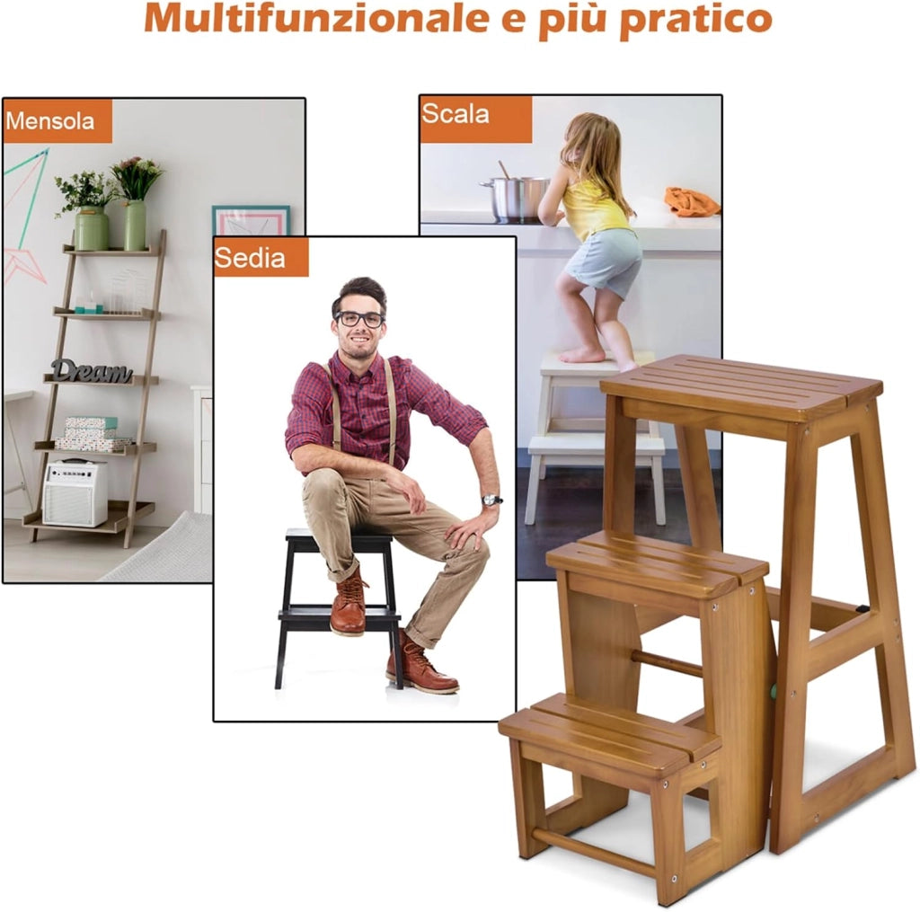 Sgabello Scaletta 3 Gradini in Legno di Pino, Sgabello Scala Pieghevole Salvaspazio, Scaletta 3 Gradini a Ribalta, Capacità Portante 150 kg, 57 x 38,5 x 66cm (Naturale)