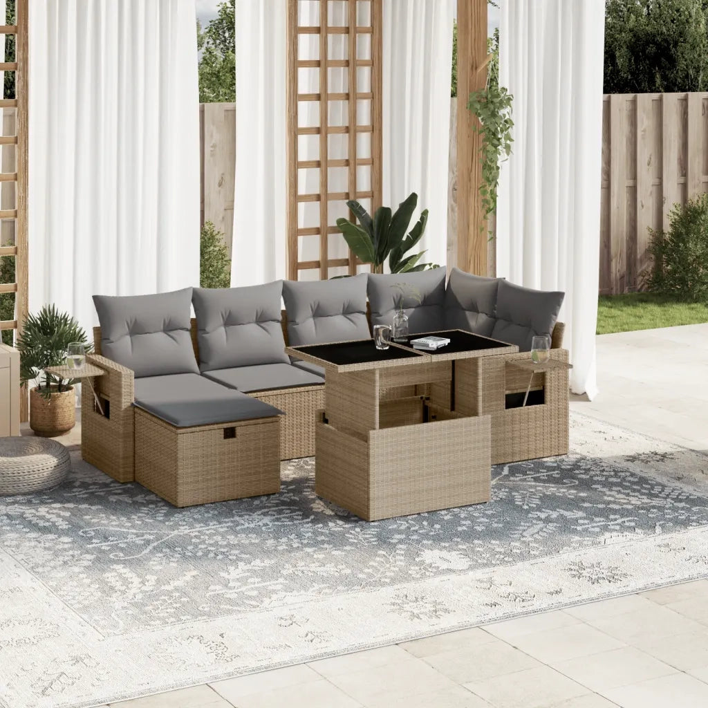 Set Divani da Giardino 7 pz con Cuscini Beige in Polyrattan