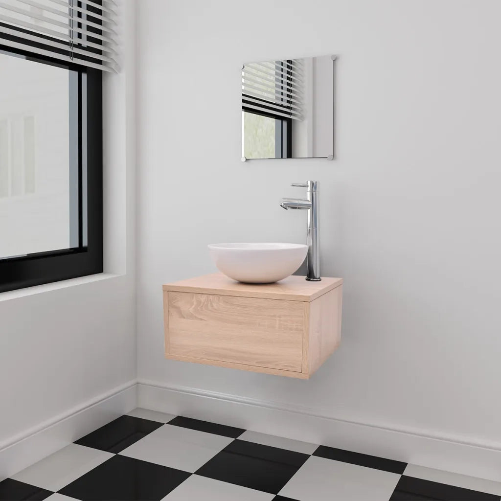 Set Mobili da Bagno 4 pz con Lavabo e Rubinetto Beige 273686