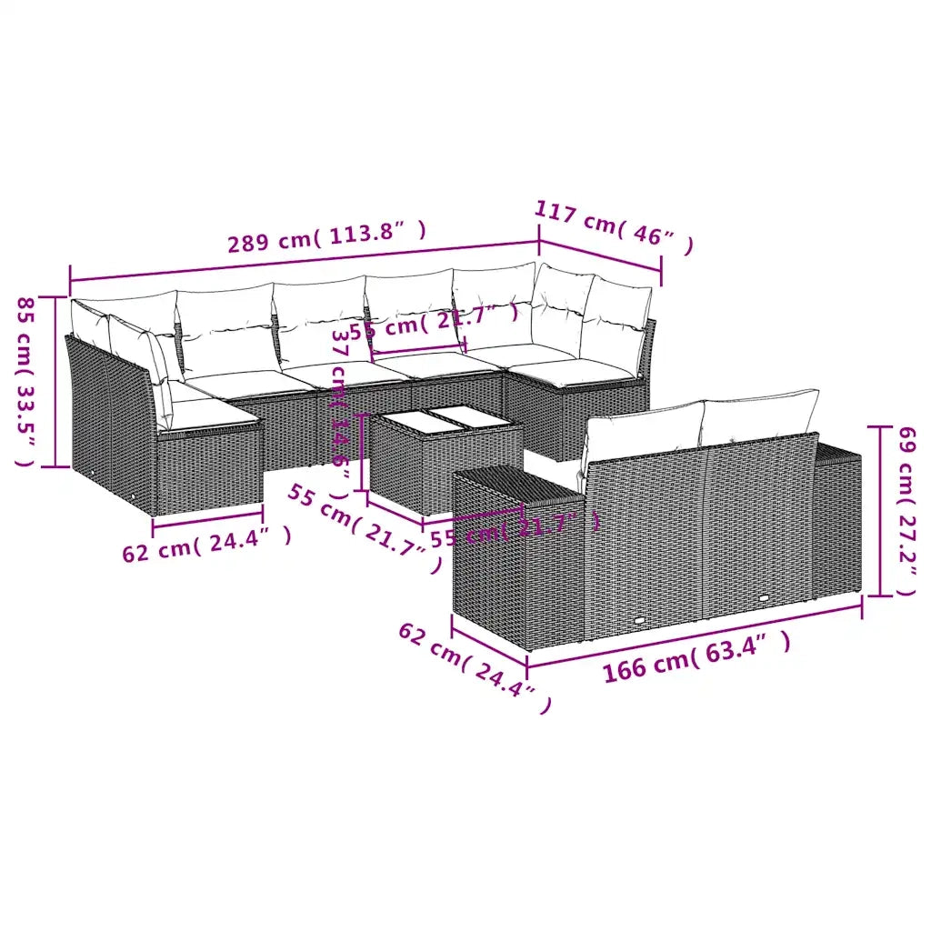 Set Divani da Giardino 10pz con Cuscini in Polyrattan Marrone 3255370