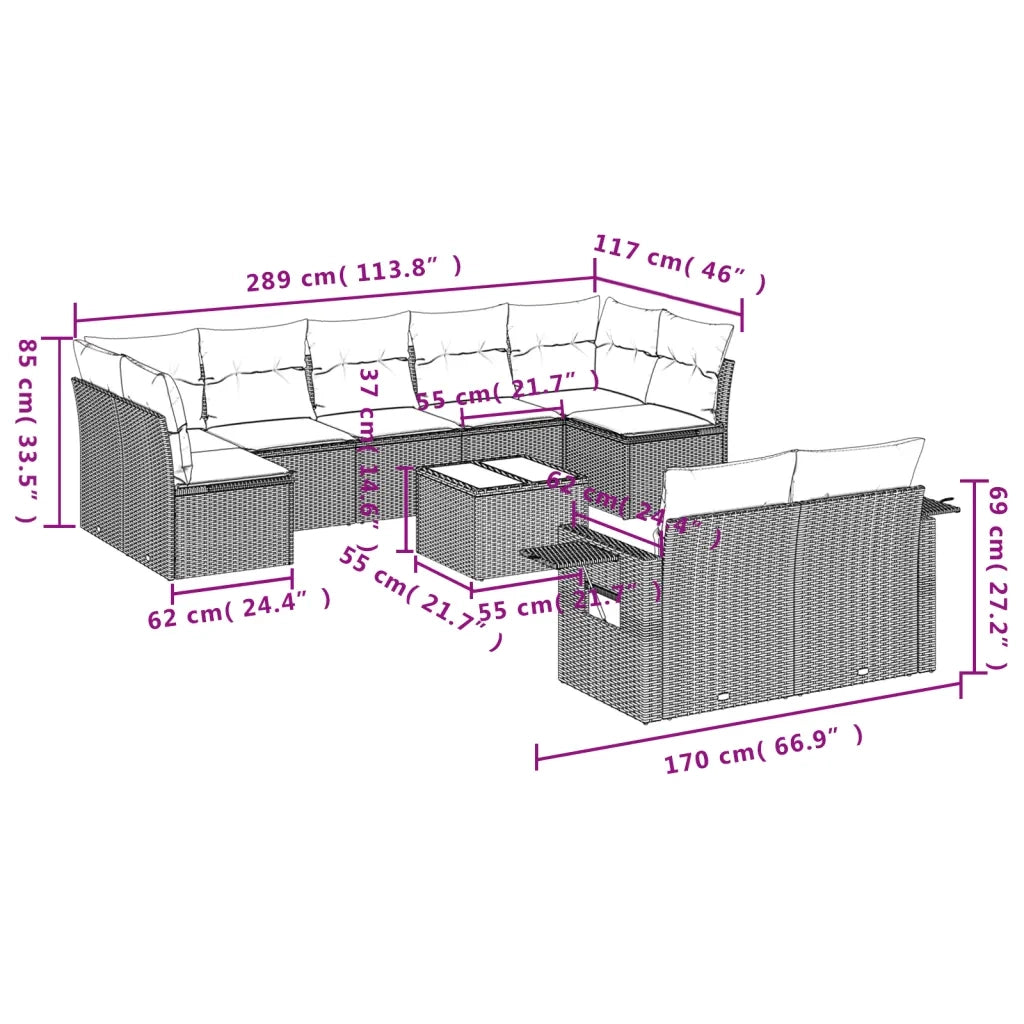 Set Divano da Giardino 10 pz con Cuscini Grigio in Polyrattan 3220629