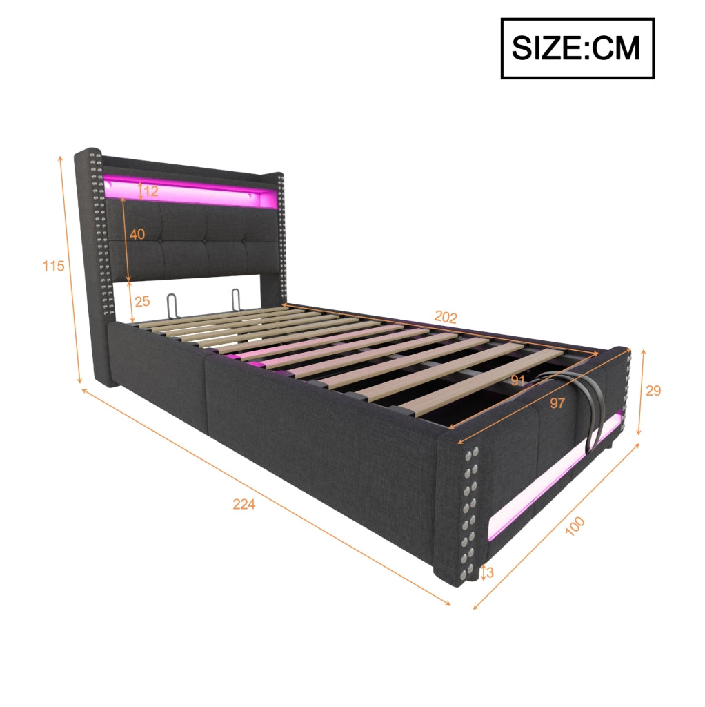 Letto imbottito singolo grigio 90 x 200 cm con LED, USB e contenitore
