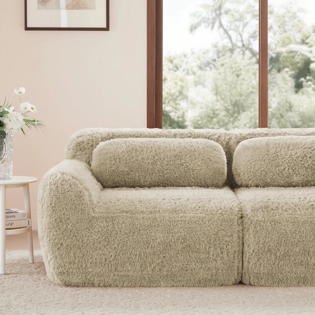 Divano Modulare a U ¨C Xylo ¨C Tessuto Peluche, con Cuscini, Chiaro