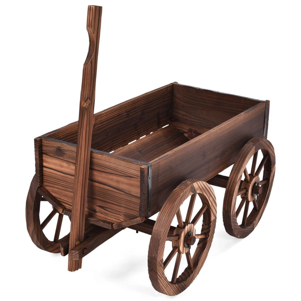 Vaso da fiori in legno con 4 ruote, Fioriera a forma di carro con maniglia e foro di drenaggio-Fioriere