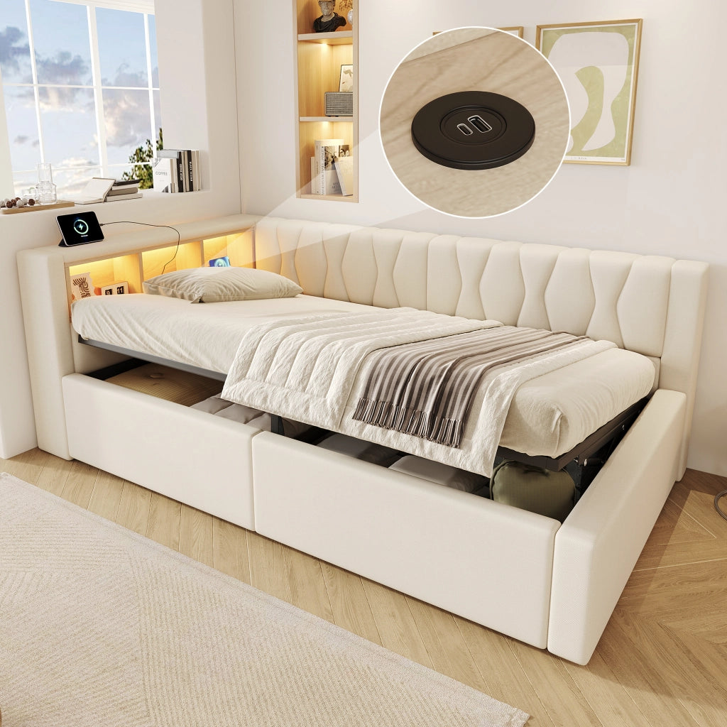 Letto contenitore 90x200 cm con LED dimmerabile; testiera con ripiano e prese USB; beige
