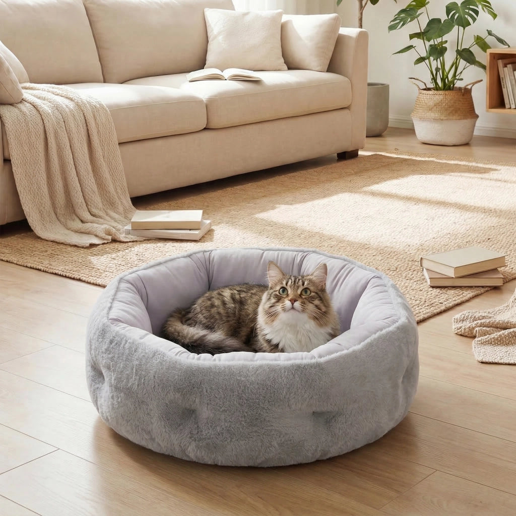 Letto Reversibile per Gatti o Cani di Piccola Taglia da Interno Ø62x21 cm in Peluche e Cotone PP Grigio Chiaro