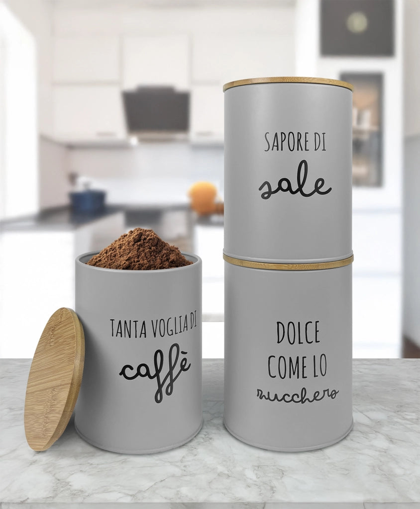 Contenitori Certificati Contatto Alimentare Contenitore Sale Zucchero Caffè Moderne Scritte Barattolo Con Coperchio Ermetico Legno Bambù Dispenser Organizzatori Alimenti Spezie Grigio