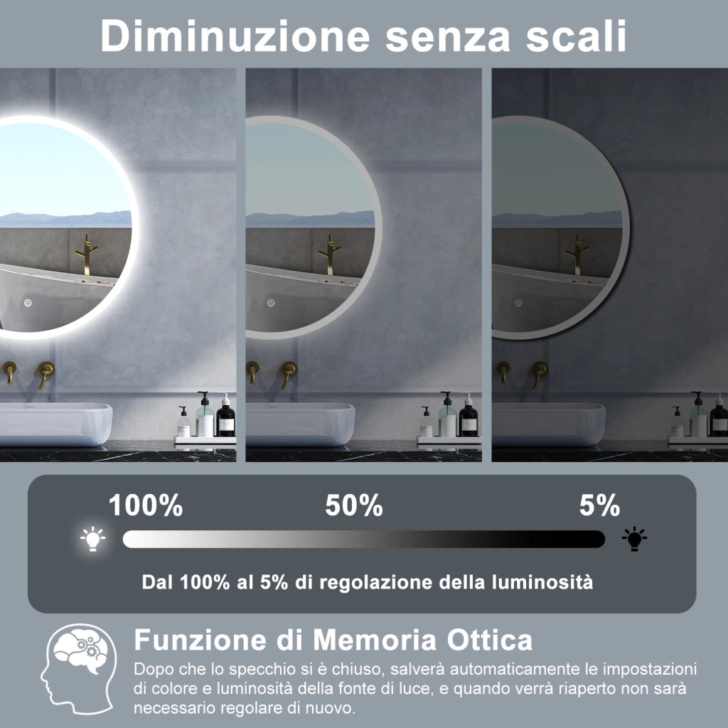 Specchio da bagno Rotondo con 60cm,Memoria, Antifog,Regorabile,Retroilluminato,doppio interruttore,