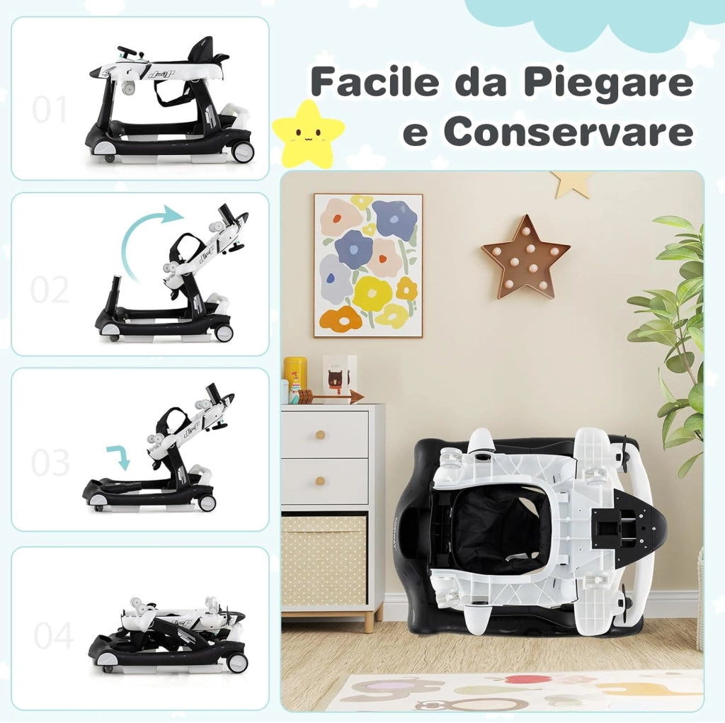 6 in 1 Girello per Bambini, Girello Pieghevole con Altezza Regolabile a 3 Livelli, Scatola Musicale Rimovibile, Vassoio per Alimenti, Portata 12 kg, per Bambini di 6-18 Mesi (Bianco)