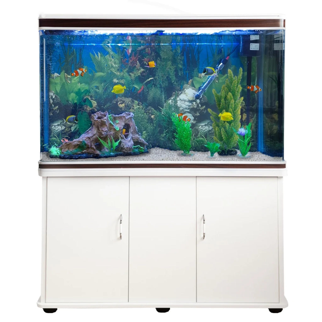 Acquario 300L con Armadietto Bianco e Kit con Fondale, Piante e Ghiaia Bianca