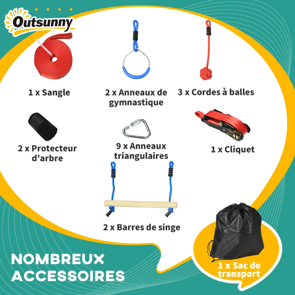 Percorso ostacoli ninja per bambini ¨C Xylo ¨C 30 accessori con slackline 10m blu nero rosso