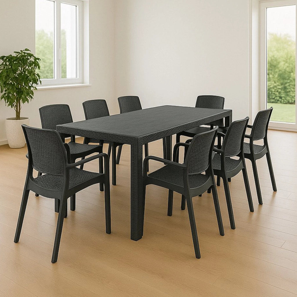 Set tavolo e sedie Cortanze, Salottino indoor, Tavolo rettangolare allungabile con 8 sedie con braccioli, Made in Italy, Antracite