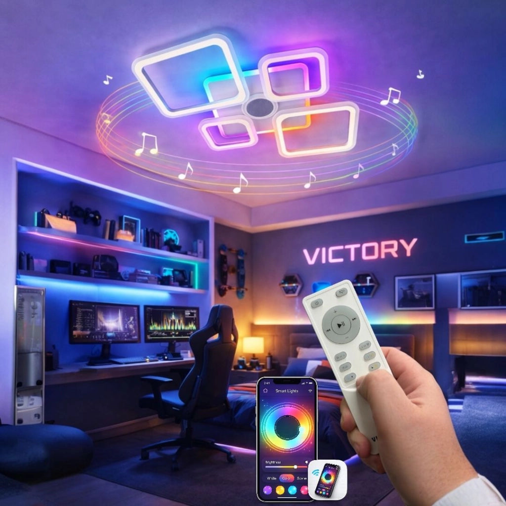 Plafoniera LED Smart 70W RGB+CCT con Cassa Bluetooth Dimmerabile 725x455mm Bianca con Telecomando e App