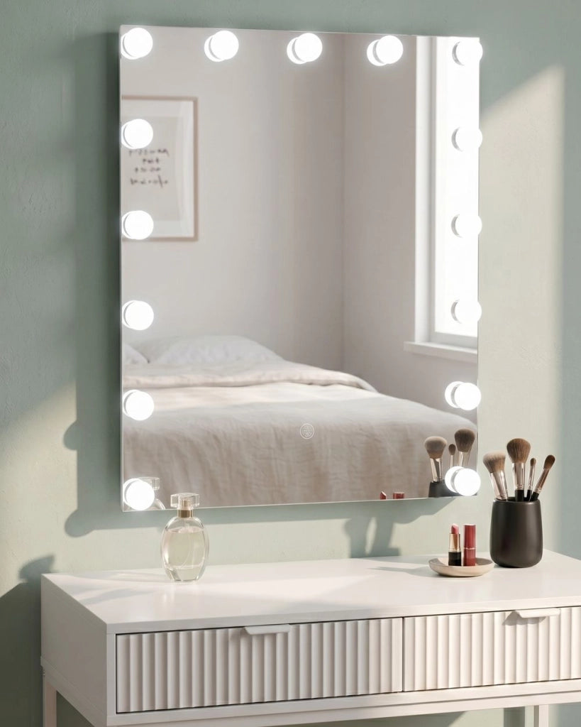 Specchio da toeletta da parete con LED Bianco 40 x 50 cm Tavolo da toeletta rettangolare illuminato con lampadine Hollywood