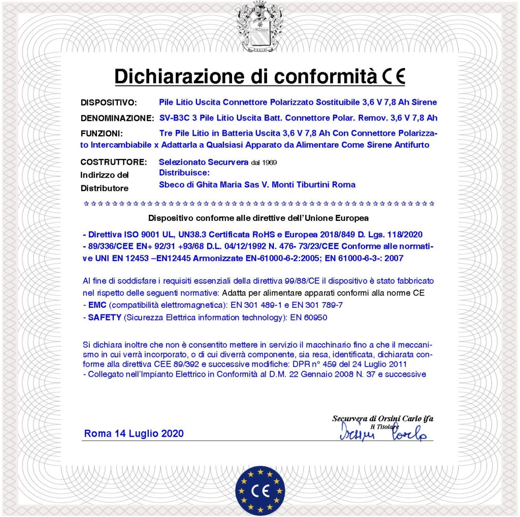 Batteria Uscita 3,6 V 7,8 Ah Pacco 3 Pile litio ER14505H Non Ricaricabili Connettore Polarizzato Ricambio Sirena Sensore Securvera Altri Dimensioni H45XL52S15 mm Pronta all'Uso Direttiva ISO 9001
