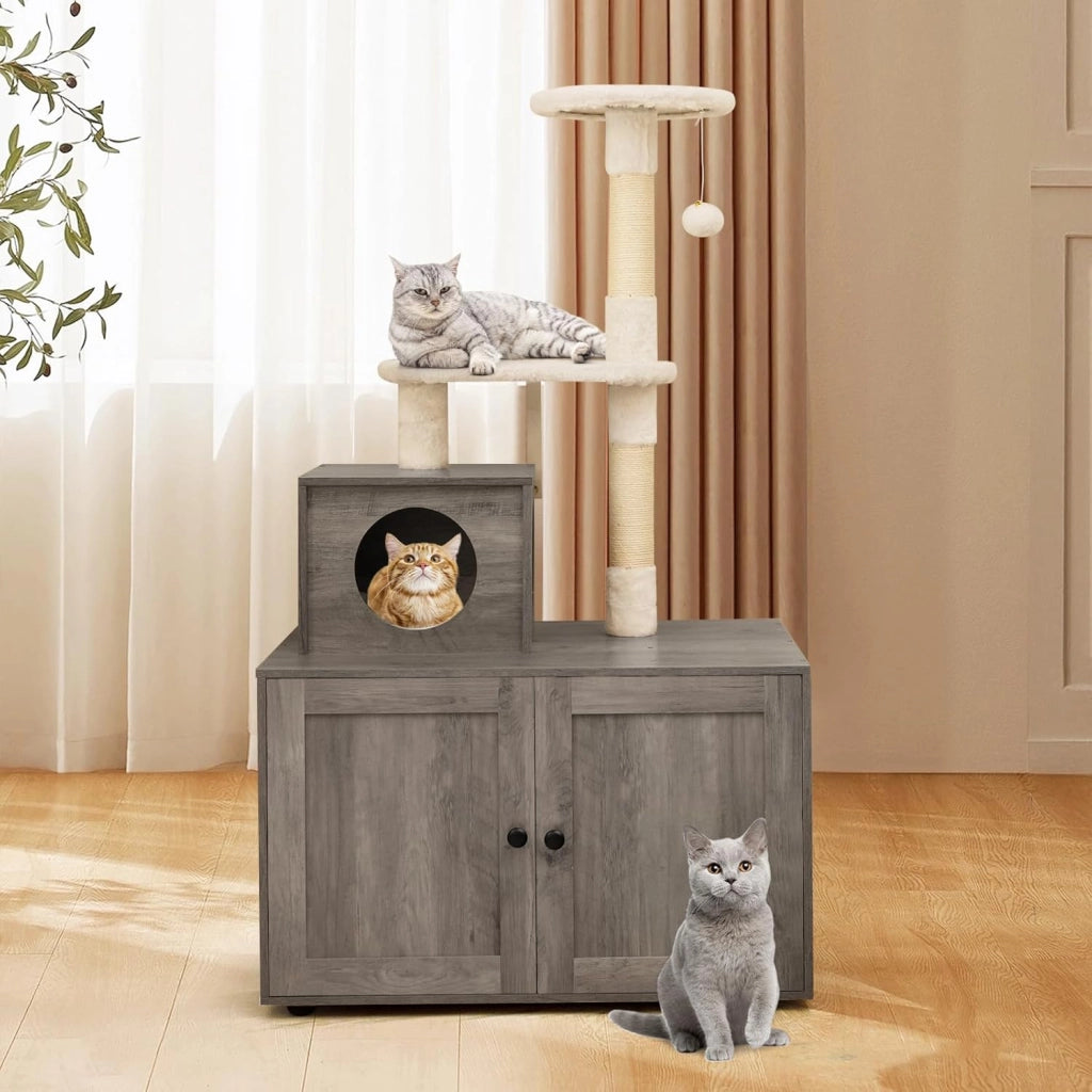 Tiragraffi per Gatti Adulti con Rifugio ad Ante Nascosto, Torre per Gatti con Cuccia, Piattaforma, Cuscini e Tiragraffi, Albero per Animali Grandi Alto in Legno, 77,5 x 49 x 132 cm (Grigio)