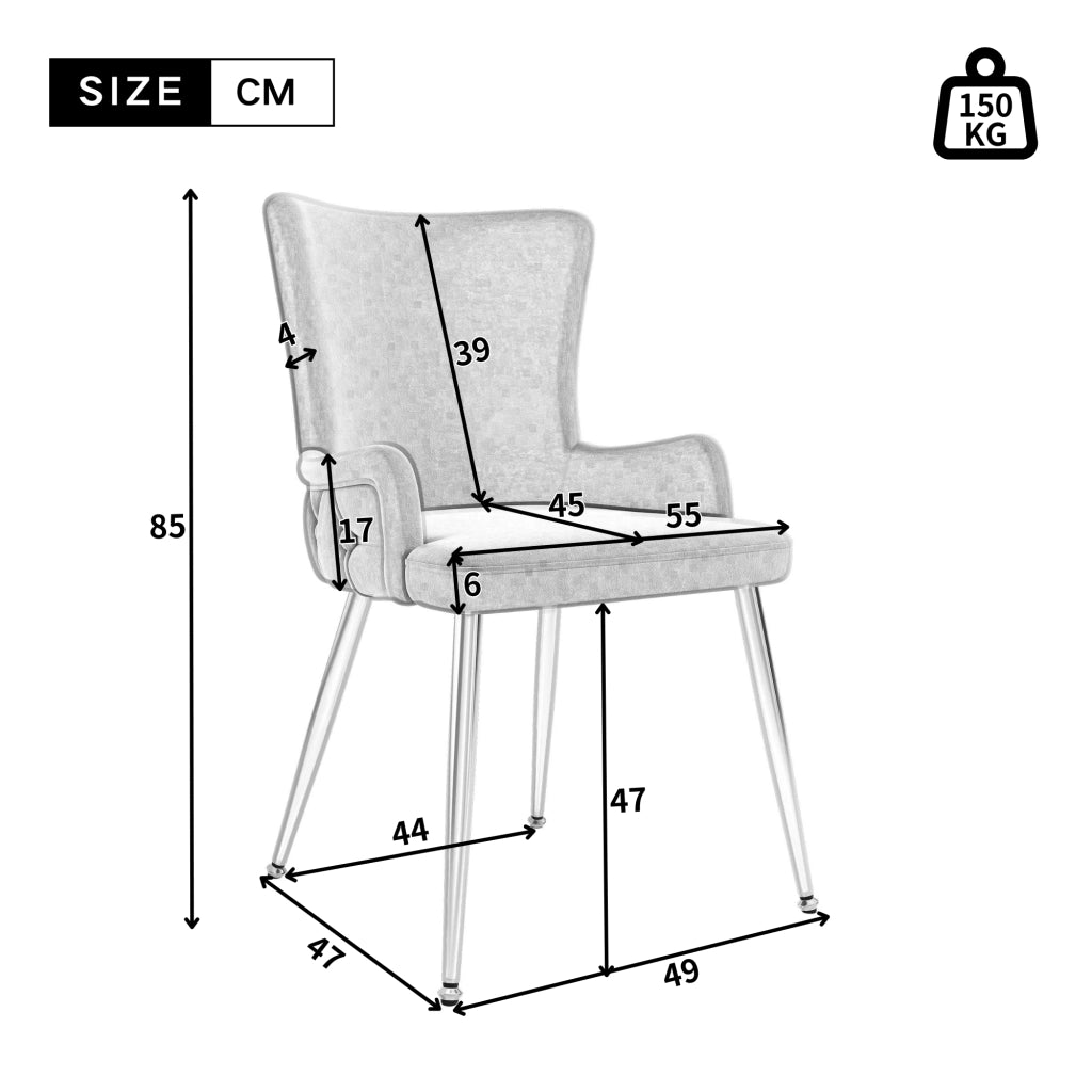 Sedia da pranzo in velluto grigio e argento, set da 2, con gambe in metallo