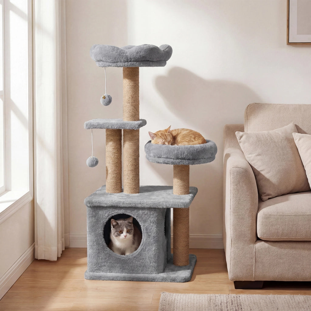Albero per gatti torre per gatti alta 96 cm 2 palline con campanelli appese, Condo accogliente letto per gatti posti per graffiare Grigio