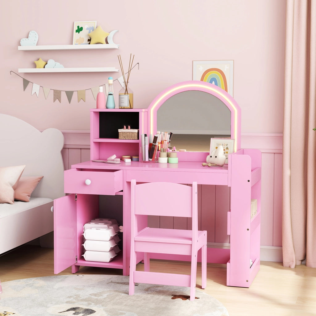 Tocador Bambini con Luce LED e Specchio ¨C Minimal ¨C Rosa, 1 Cassetto e 5 Ripiani