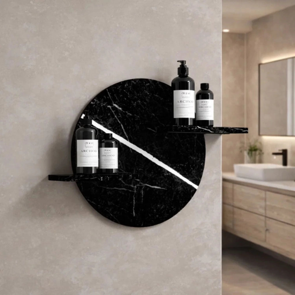 Mensola a parete nero e bianco venato in artificial stone serie jorm per bagni *** finitura- nero, confezione 1