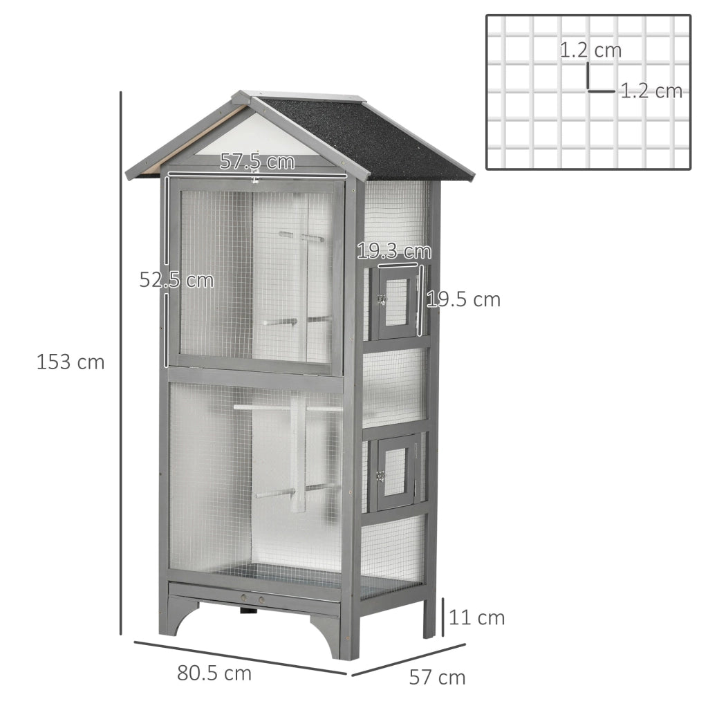Voliera Gabbia per Uccelli da Esterno 80,5x57x158,5 cm Tetto in Asfalto in Legno di Abete Grigio Chiaro