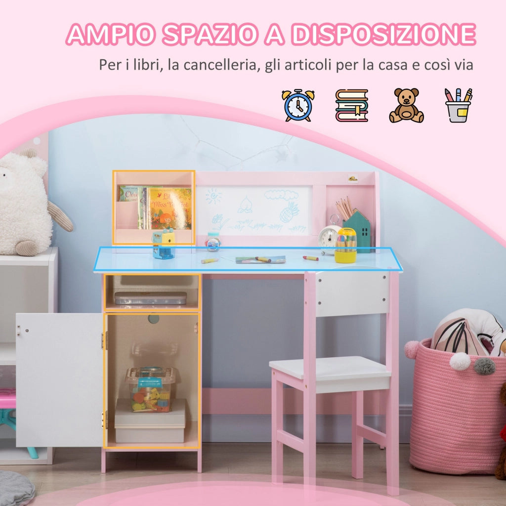 Banco Scuola per Bambini con Sedia in Legno Bianco e Rosa