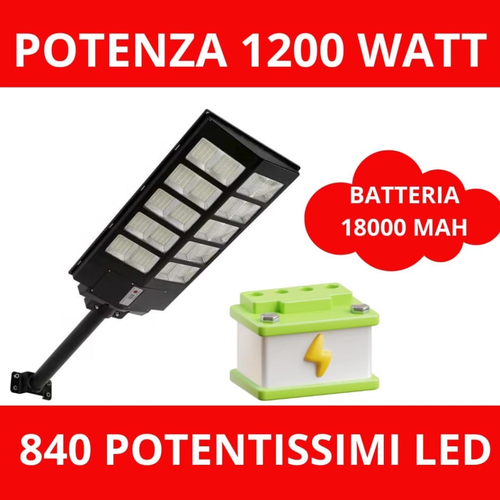 Lampione LED solare con batteria 18000mAh, doppia modalità luce, pannello solare, telecomando e staffa da 50cm. Autonomia prolungata e installazione facile.