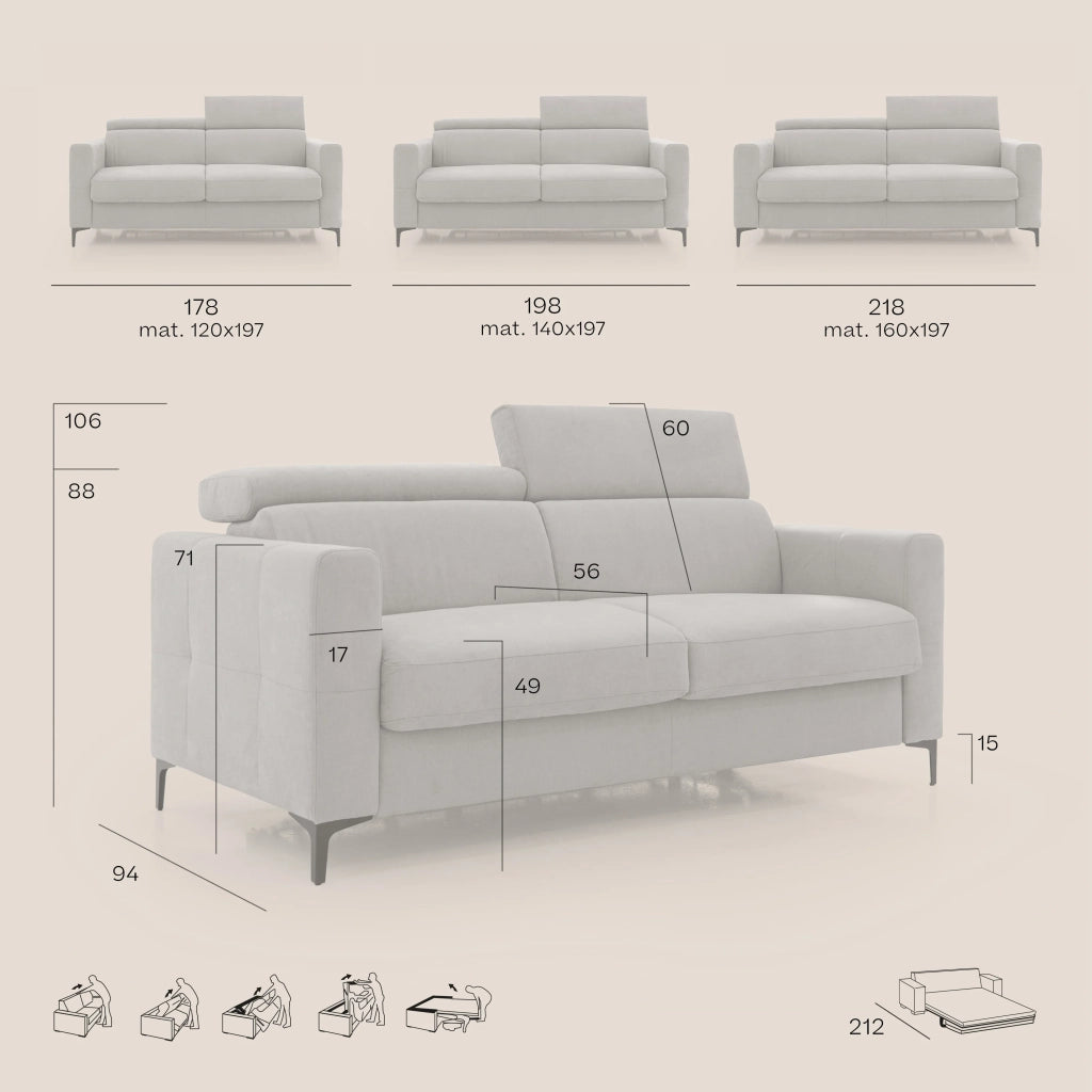 Gardenia Divano letto materasso alto 18 cm con poggiatesta reclinabili e rivestimento impermeabile T02 218 cm (mat. 160x197) grigio chiaro
