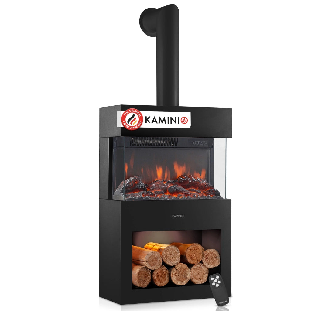 KAMINIO Camino elettrico HENRI con tubo del camino - Stufa elettrica riscaldamento, fiamma 3D, luce ambiente, scomparto de legno, telecomando - Nero