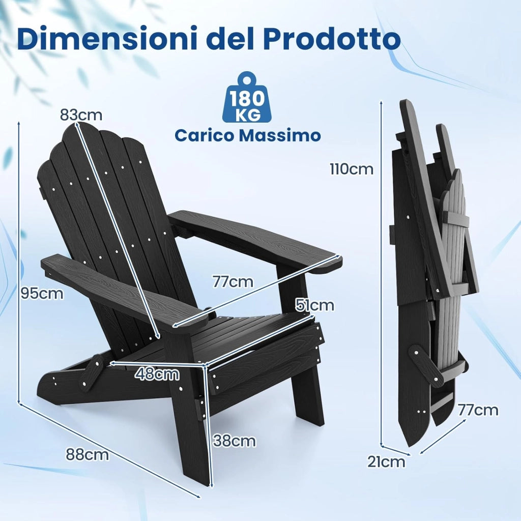 Sedia Adirondack Pieghevole da Giardino, Sedia da Patio in HIPS con Braccioli Larghi e Schienale Inclinato, Poltrona da Giardino in Legno, per Giardino Cortile, Portata 180 kg (Nero)