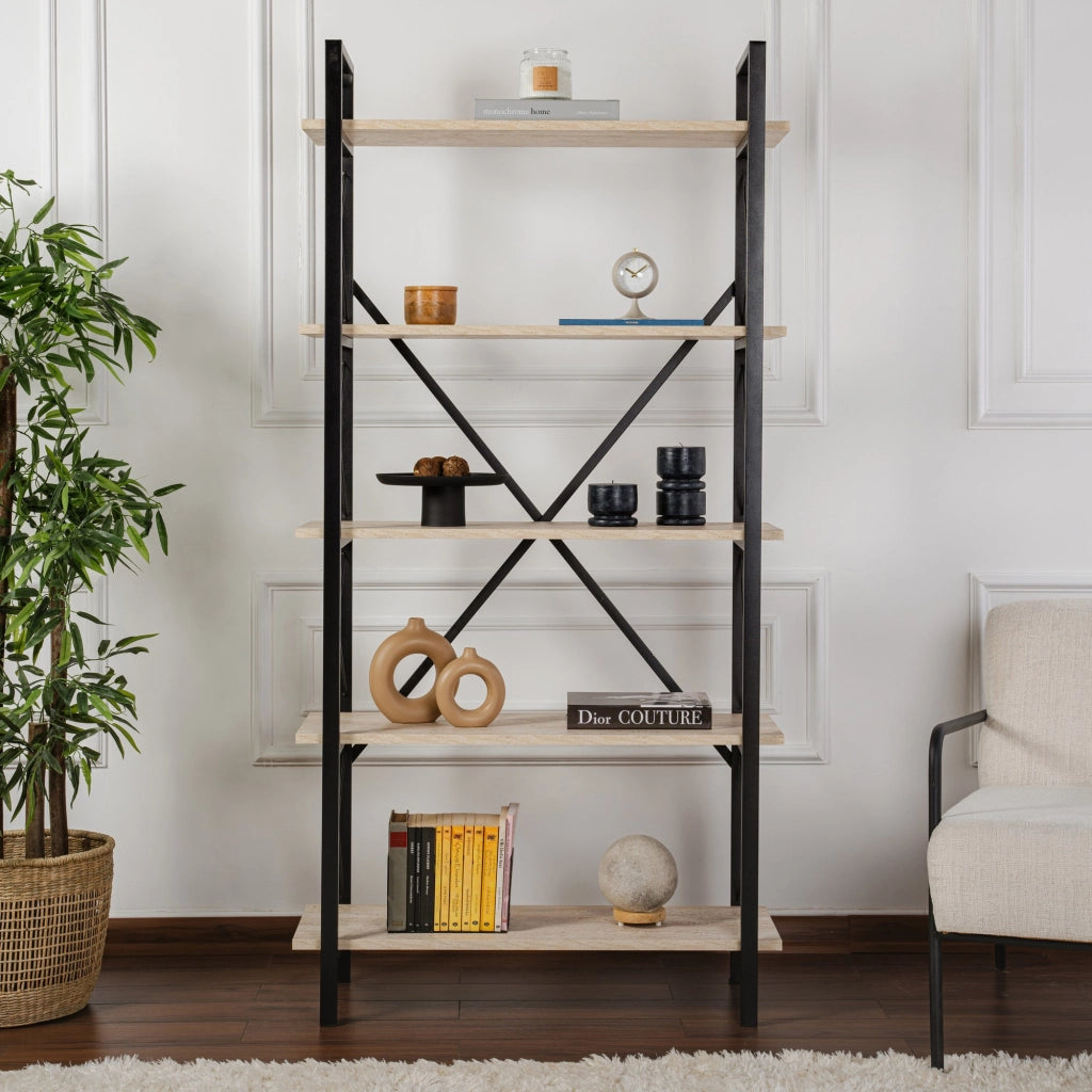 Libreria in legno "Elysian" - 90 x 33 x 180 cm - Travertino nero