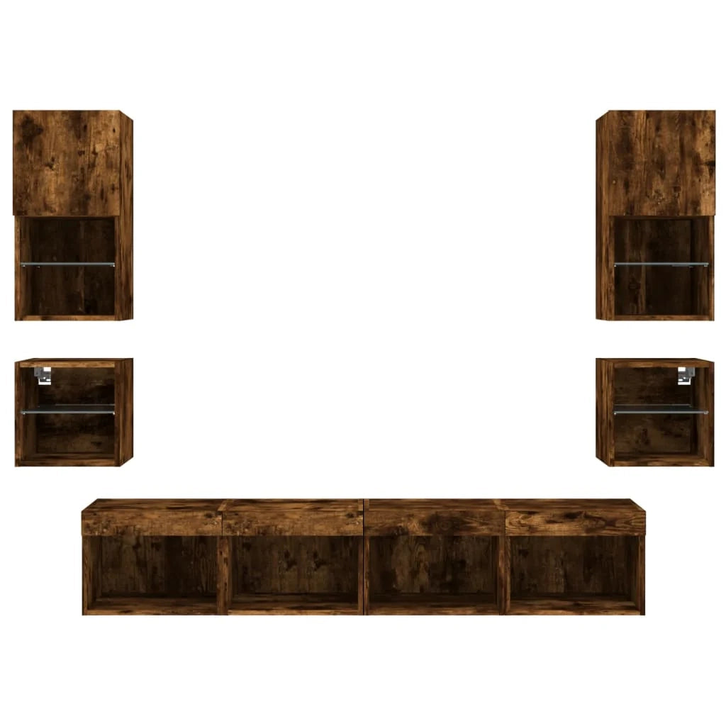 Mobile TV multimediale scaffale TV credenza mobile TV sala da pranzo soggiorno camera da letto con illuminazione a LED 8 pezzi rovere affumicato legno ingegnerizzato marrone 02_0029480