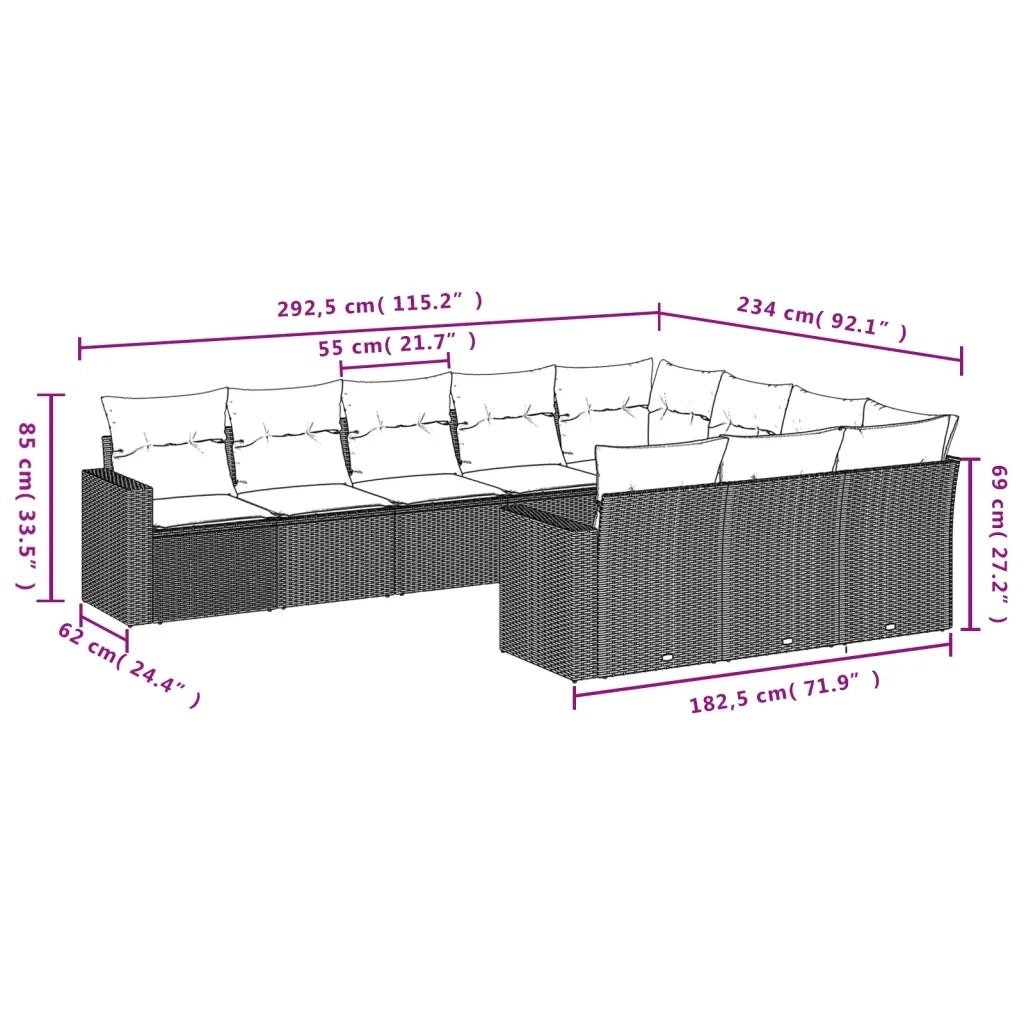 Set Divani da Giardino 10pz con Cuscini in Polyrattan Nero 3219475