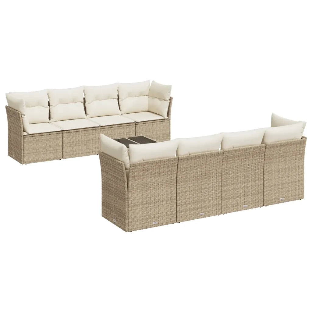 Set Divano da Giardino 9 pz con Cuscini Beige in Polyrattan