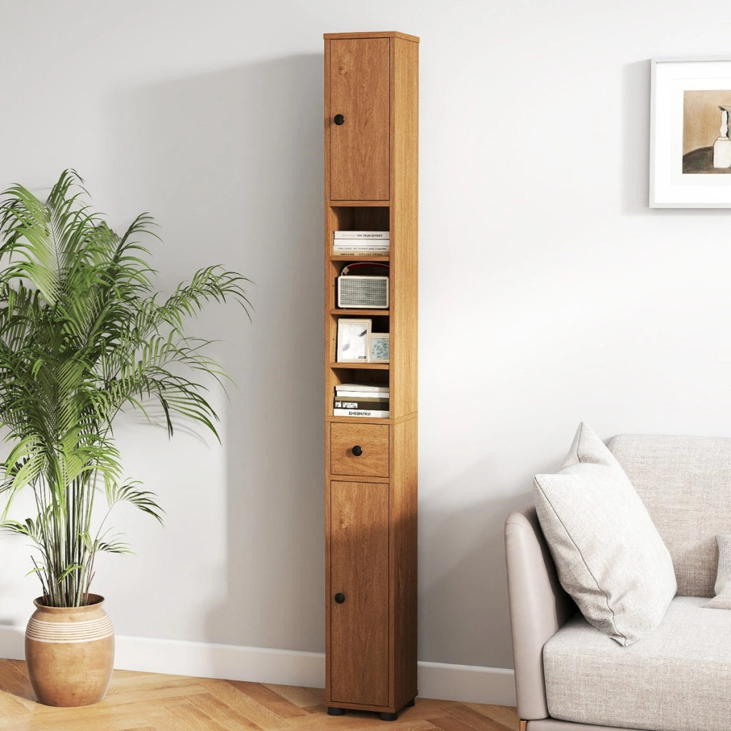 Armadio da bagno alto slim con 1 cassetto di stoccaggio, Armadio da bagno 5 ripiani regolabili struttura antiscivolo Legno naturale